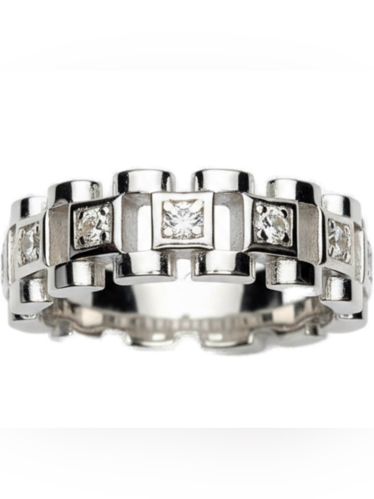 Moissanite And Sterling Silver Watchband Style Jubilee Link Band Ring Sz 7